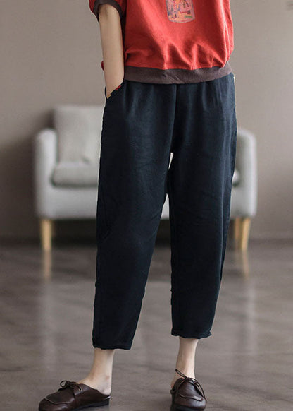 Black Pockets Linen Crop Pants Summer