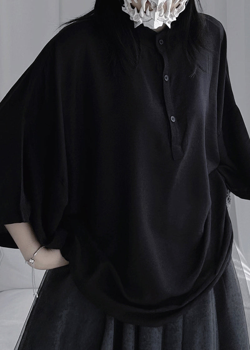 Black Stand Collar Button Shirt Long Sleeve