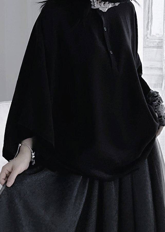 Black Stand Collar Button Shirt Long Sleeve