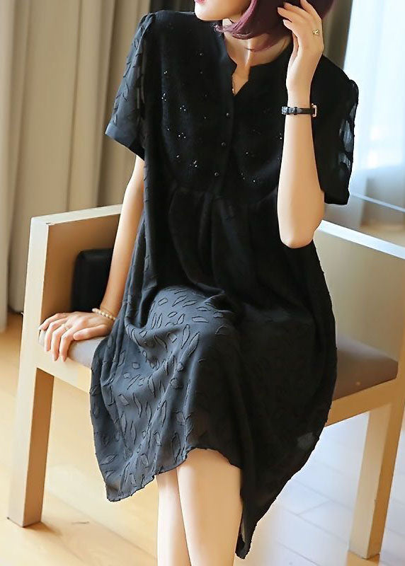 Black Stand Collar Patchwork Jacquard Chiffon Maxi Dresses Summer