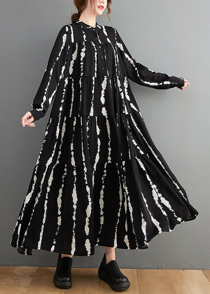 Black Stand Collar Print Button Maxi Shirts Dresses Fall