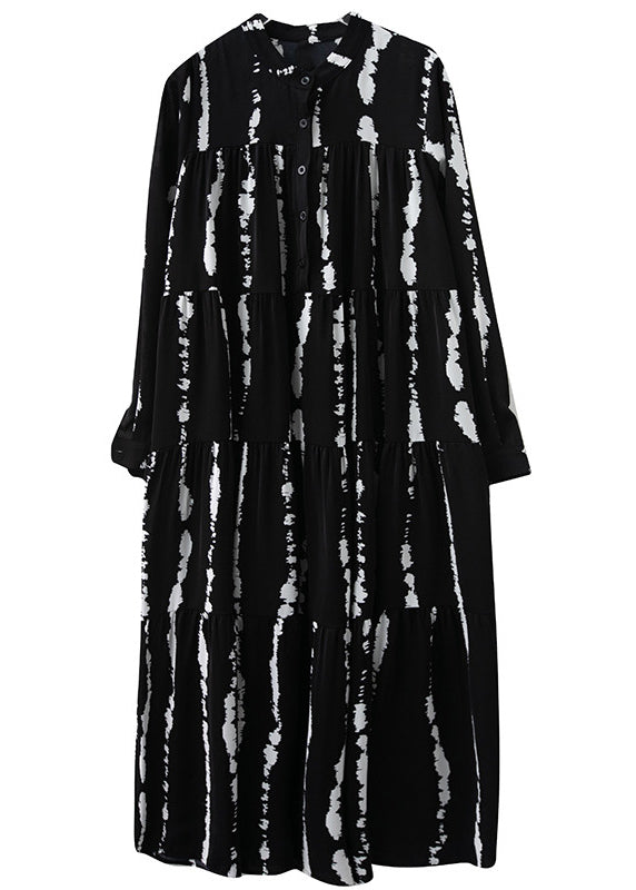 Black Stand Collar Print Button Maxi Shirts Dresses Fall