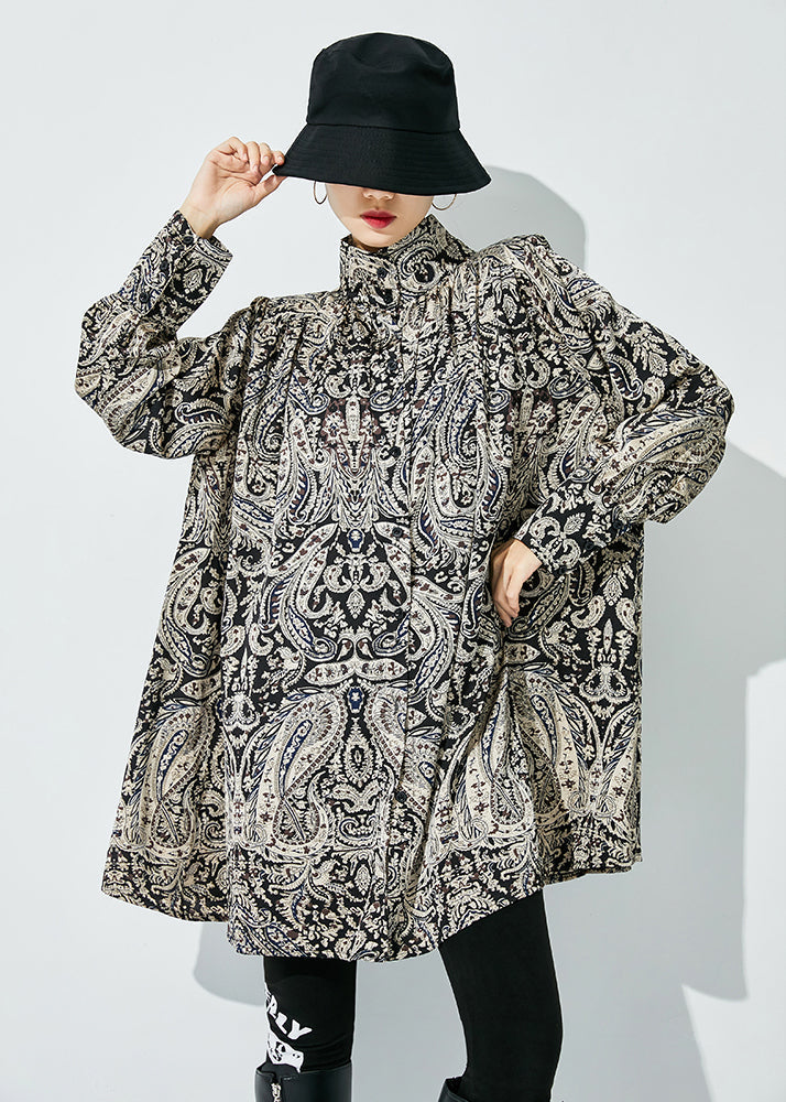 Black Stand Collar Print Chiffon Shirts Spring