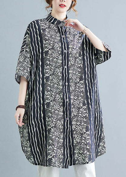 Black Stand Collar Print Linen Shirt Dress Summer