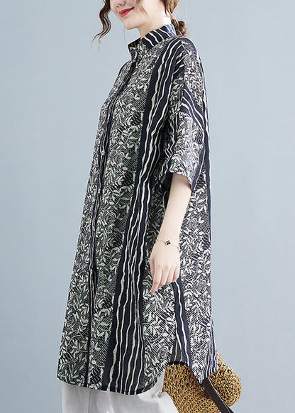 Black Stand Collar Print Linen Shirt Dress Summer