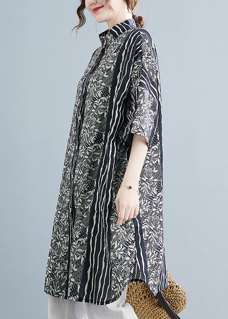 Black Stand Collar Print Linen Shirt Dress Summer