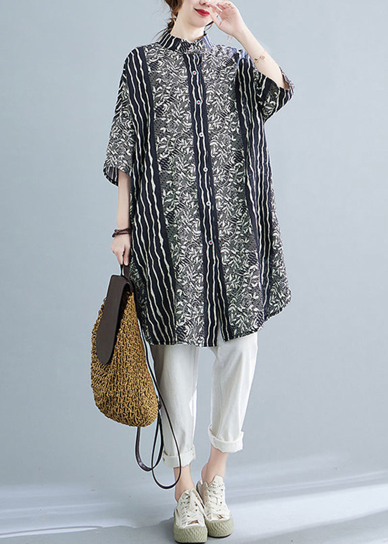 Black Stand Collar Print Linen Shirt Dress Summer