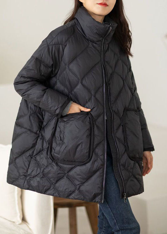 Black Stand Collar Zip Up Duck Down Puffers Jackets Winter