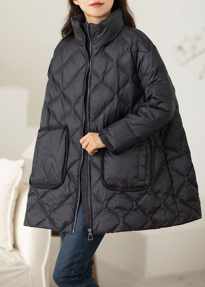Black Stand Collar Zip Up Duck Down Puffers Jackets Winter