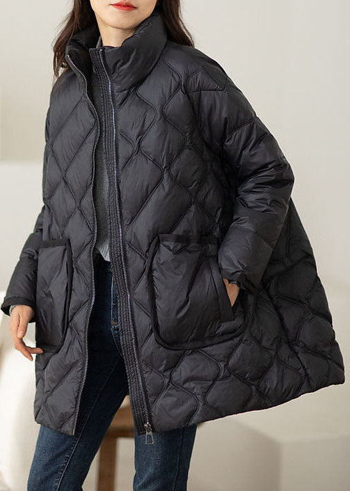 Black Stand Collar Zip Up Duck Down Puffers Jackets Winter