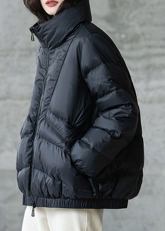 Black Stand Collar Zip Up Thick Duck Down Winter Coats