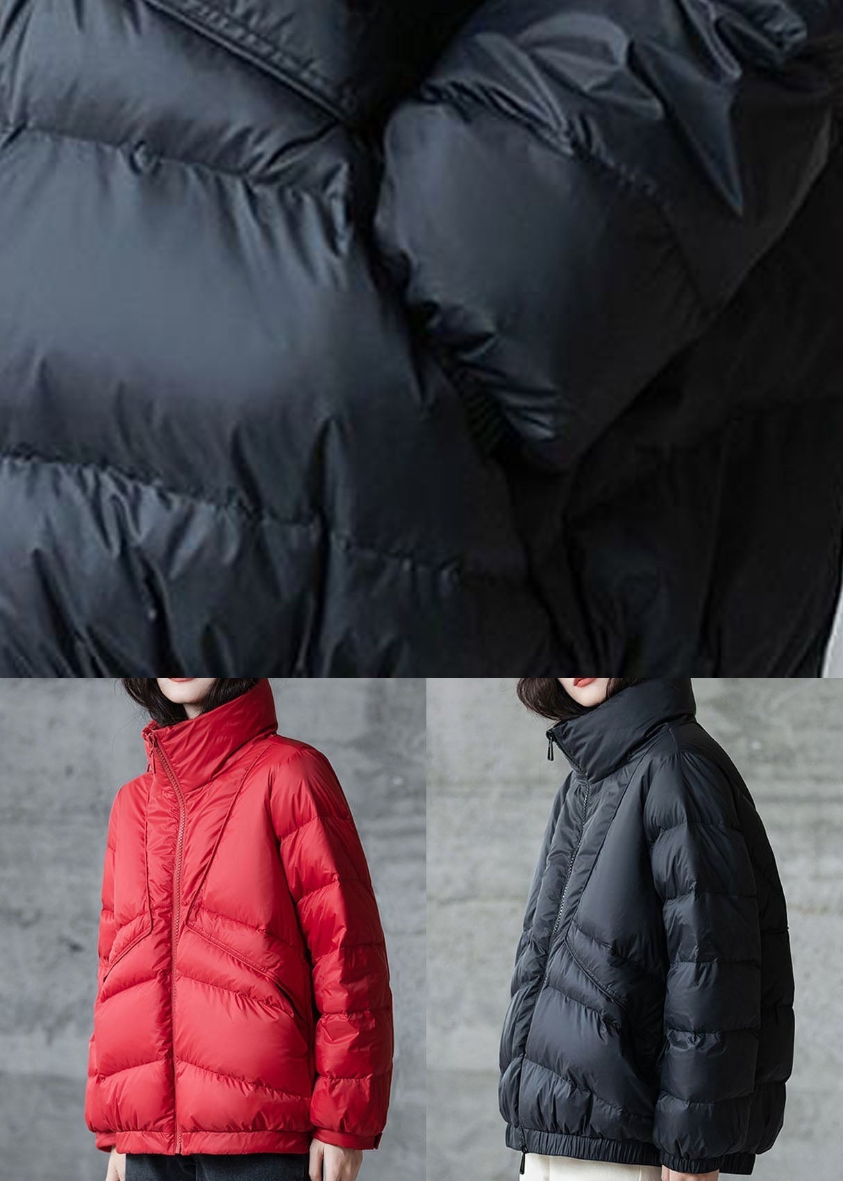 Black Stand Collar Zip Up Thick Duck Down Winter Coats