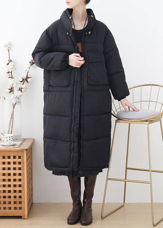 Black Stand Collar Zippered Thick Long Parka Winter