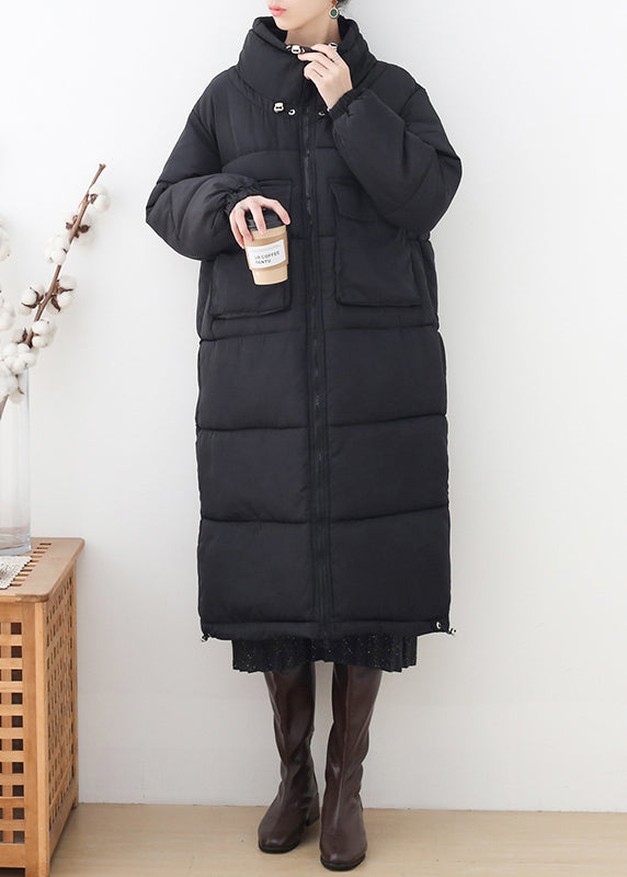 Black Stand Collar Zippered Thick Long Parka Winter