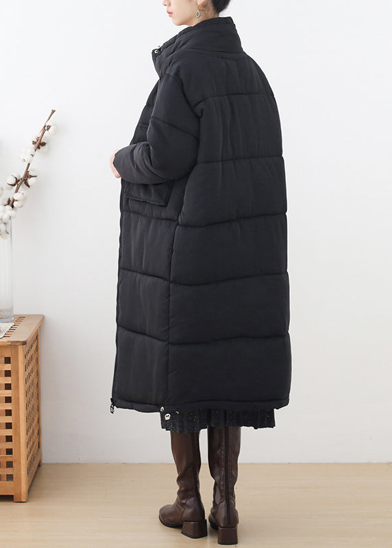 Black Stand Collar Zippered Thick Long Parka Winter