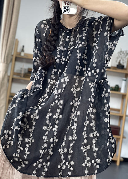 Black Stand Collar Side Open Print Shirt Top Short Sleeve