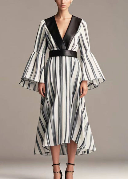 Black Striped Patchwork Cotton Cinched Dresses Flare Sleeve