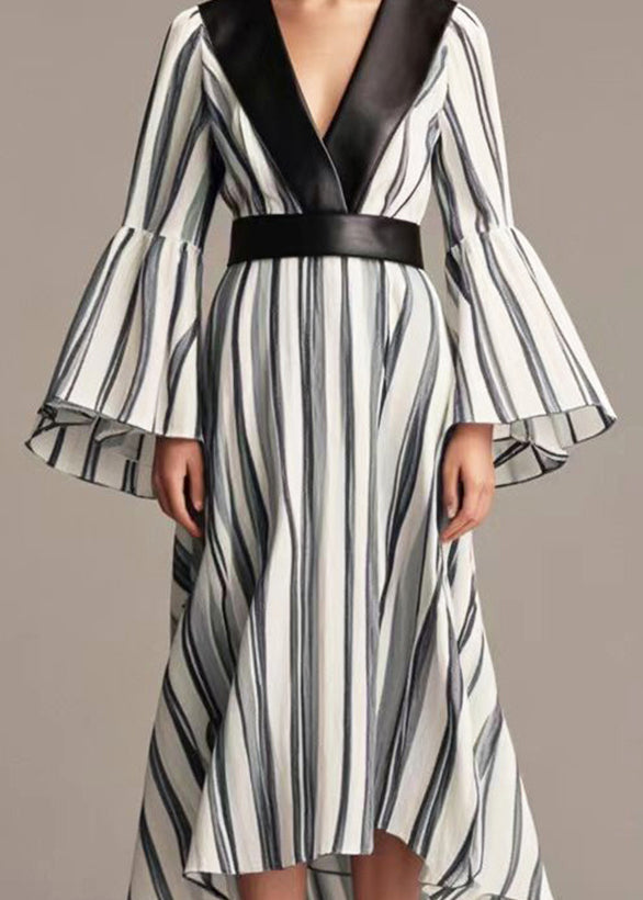 Black Striped Patchwork Cotton Cinched Dresses Flare Sleeve