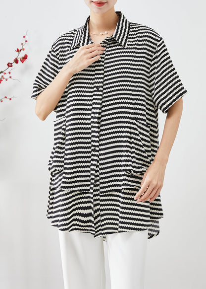 Black Striped Patchwork Pockets Chiffon Blouse Tops Summer
