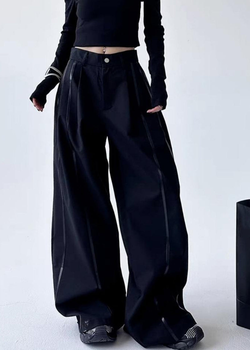 Black Striped Patchwork Pockets Lantern Pants Spring