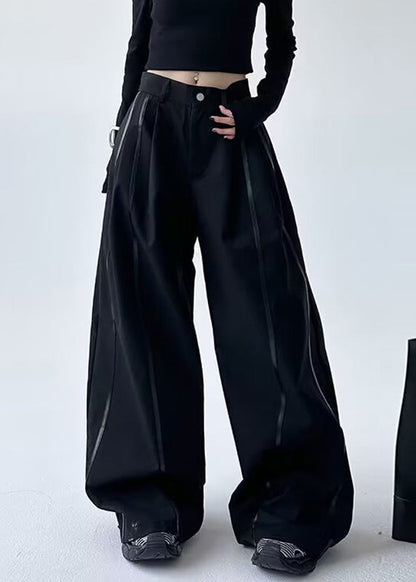 Black Striped Patchwork Pockets Lantern Pants Spring