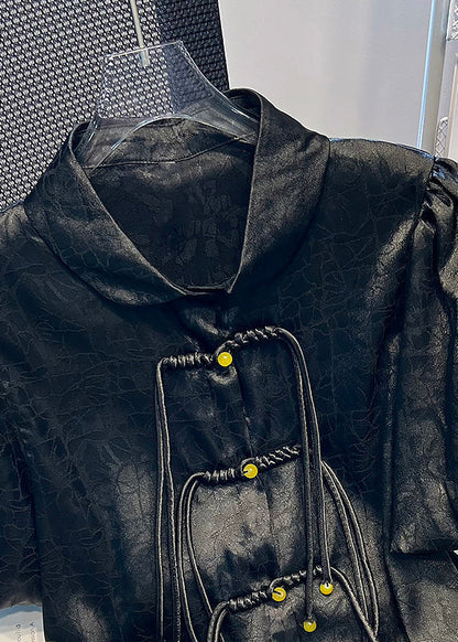 Black Tassel Button Satin Shirt Puff Sleeve