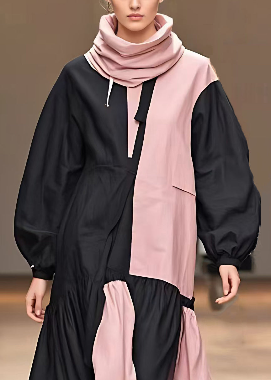 Black Turtleneck Patchwork Cotton Dresses Fall