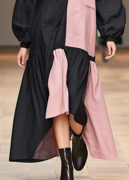 Black Turtleneck Patchwork Cotton Dresses Fall