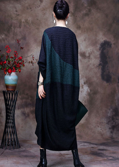 Black V Neck Embroideried Patchwork Wrinkled Silk Dresses Long Sleeve