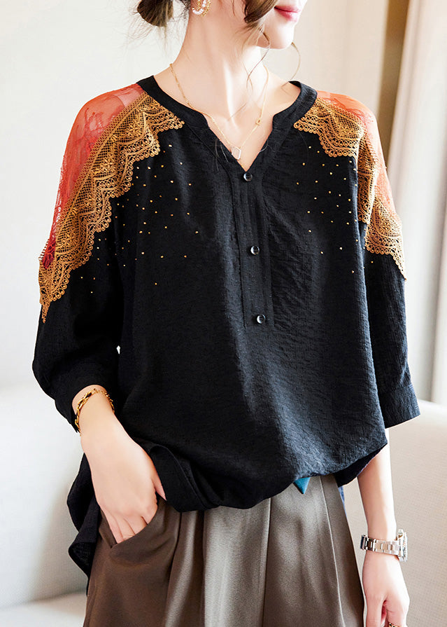 Black V Neck Lace Patchwork Tops Spring