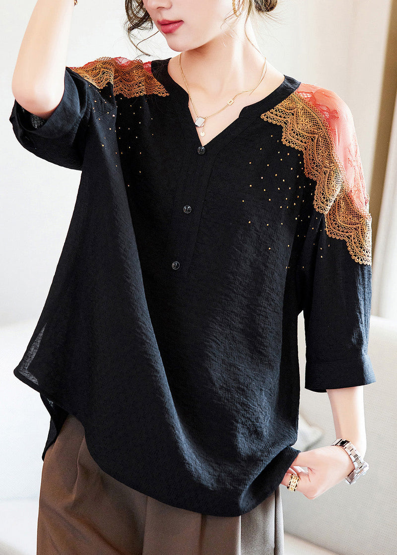 Black V Neck Lace Patchwork Tops Spring