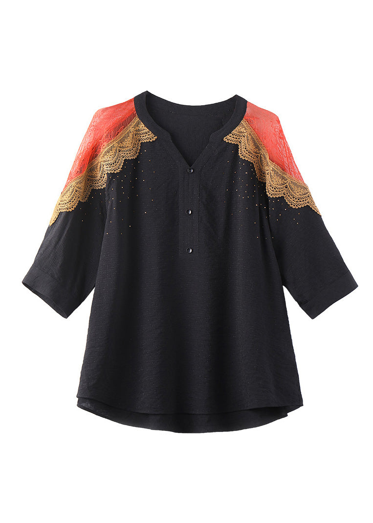 Black V Neck Lace Patchwork Tops Spring
