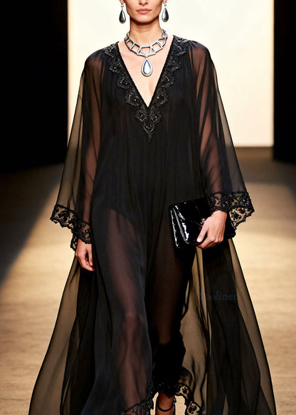 Black V Neck Patchwork Chiffon Holiday Dress Spring