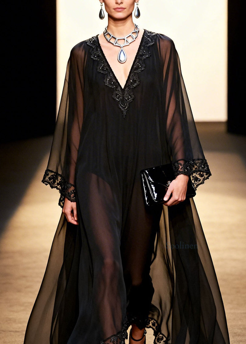 Black V Neck Patchwork Chiffon Holiday Dress Spring