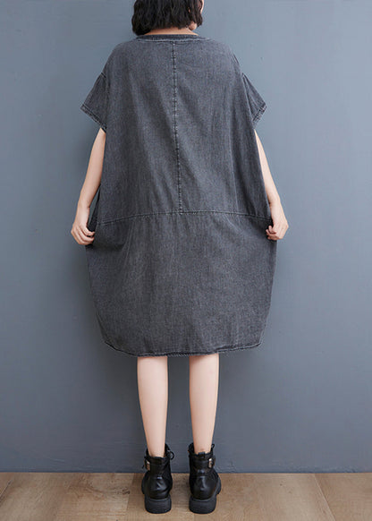 Black V Neck Patchwork Denim Dresses Summer