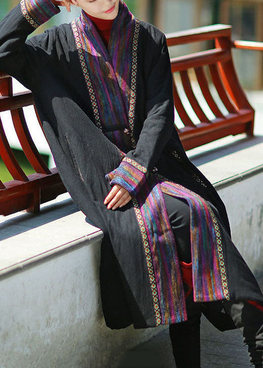 Black V Neck Patchwork Fine Cotton Filled Long Coats Winter