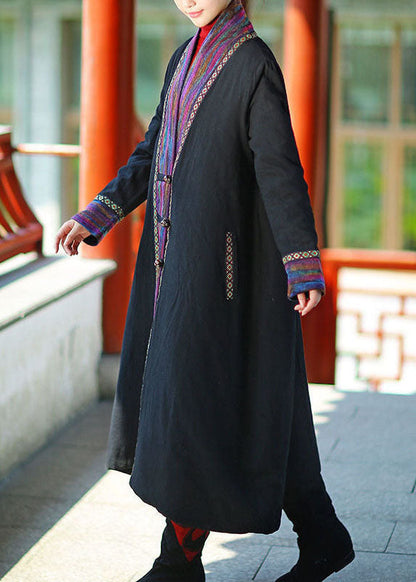 Black V Neck Patchwork Fine Cotton Filled Long Coats Winter