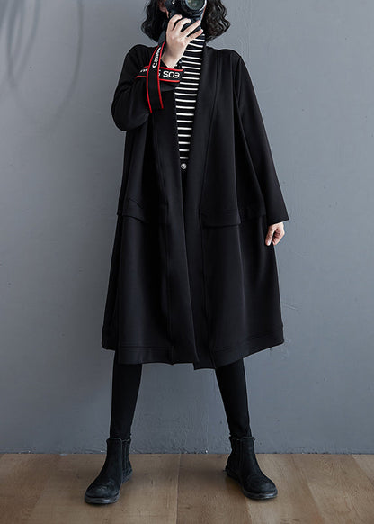 Black V Neck Pockets Cotton Trench Coat Fall