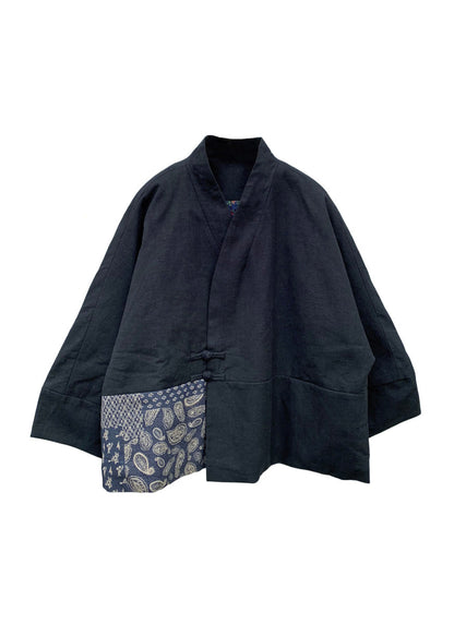 Black V Neck Pockets Patchwork Fine Cotton Filled Coat Batwing Sleeve