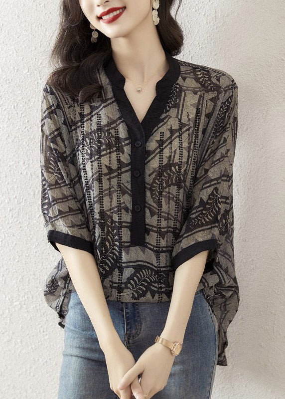 Black Flower V Neck Print Button Silk Top Half Sleeve
