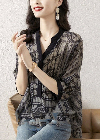 Brown Texture V Neck Print Button Silk Top Half Sleeve