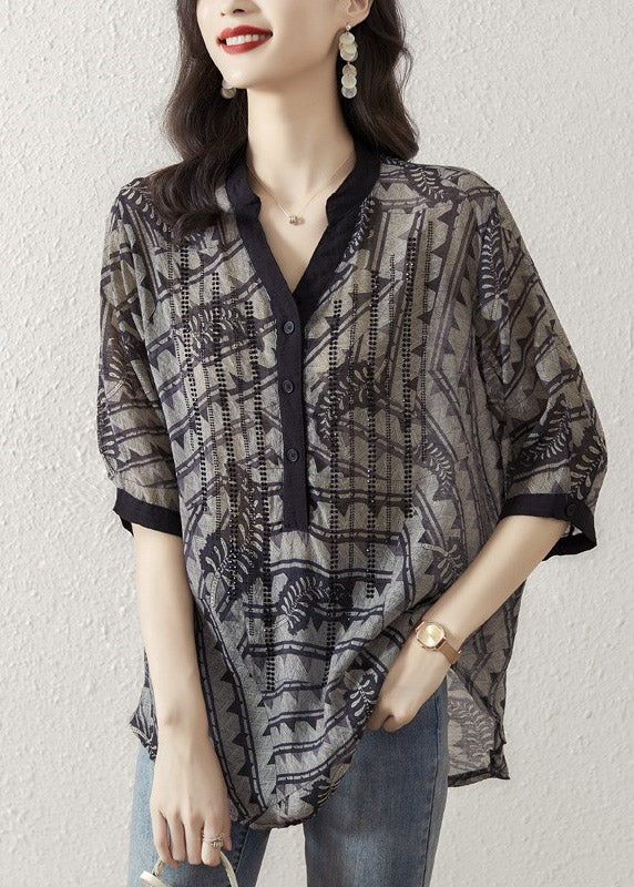 Brown Texture V Neck Print Button Silk Top Half Sleeve