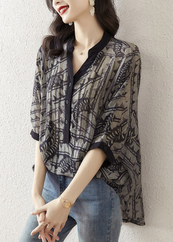 Black Flower V Neck Print Button Silk Top Half Sleeve