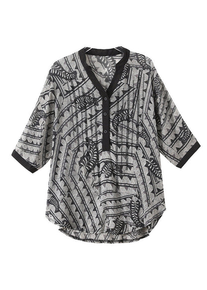 Black Flower V Neck Print Button Silk Top Half Sleeve