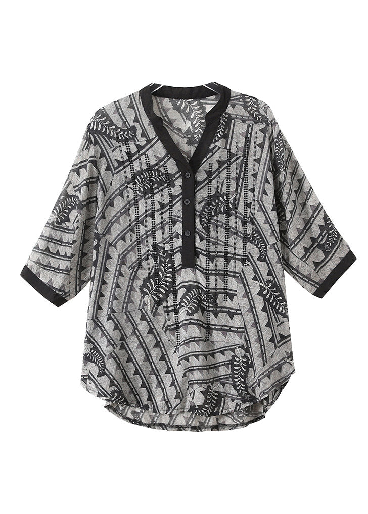 Black Flower V Neck Print Button Silk Top Half Sleeve