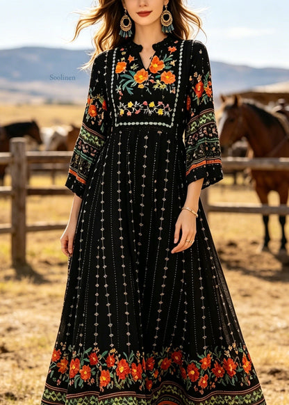 Black V Neck Print Cotton Long Dress Summer