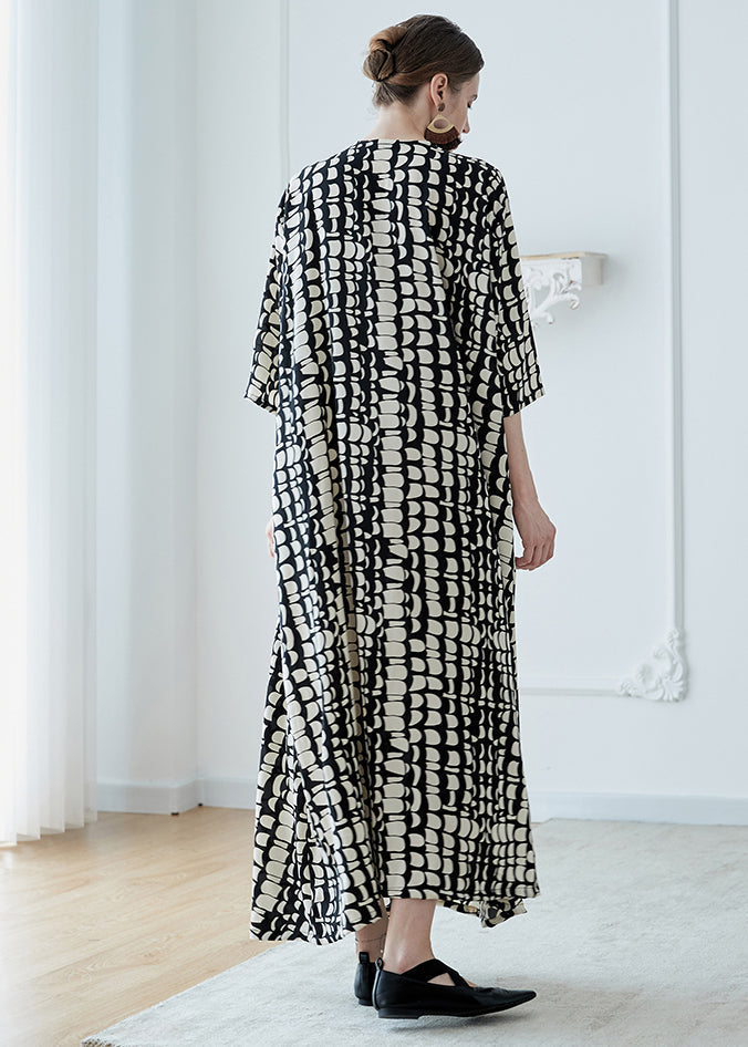 Black V Neck Print Pockets Chiffon Robe Dresses Summer
