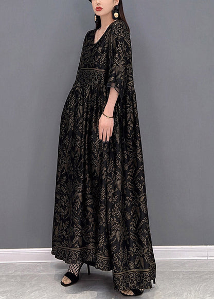 Black V Neck Print Silk Long Dress Short Sleeve