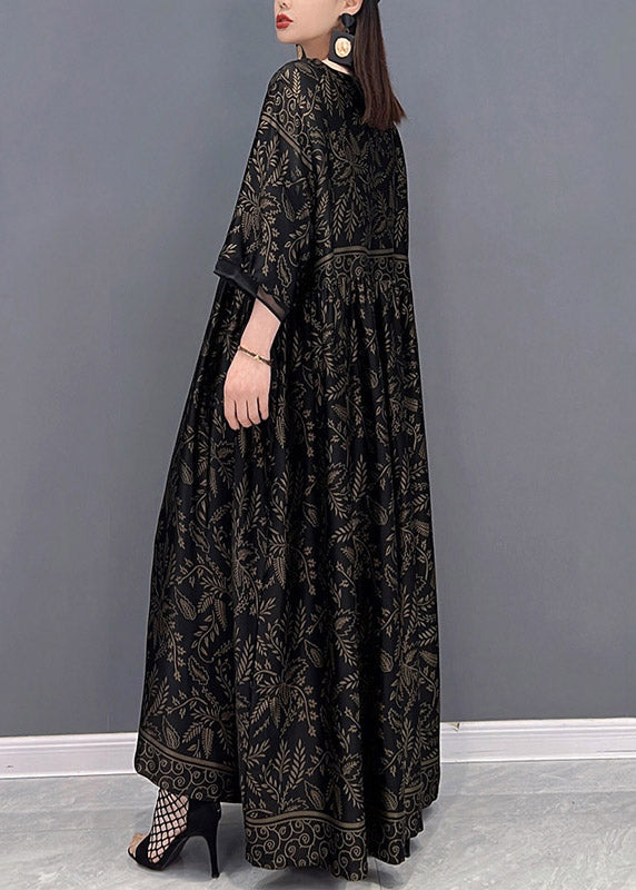 Black V Neck Print Silk Long Dress Short Sleeve