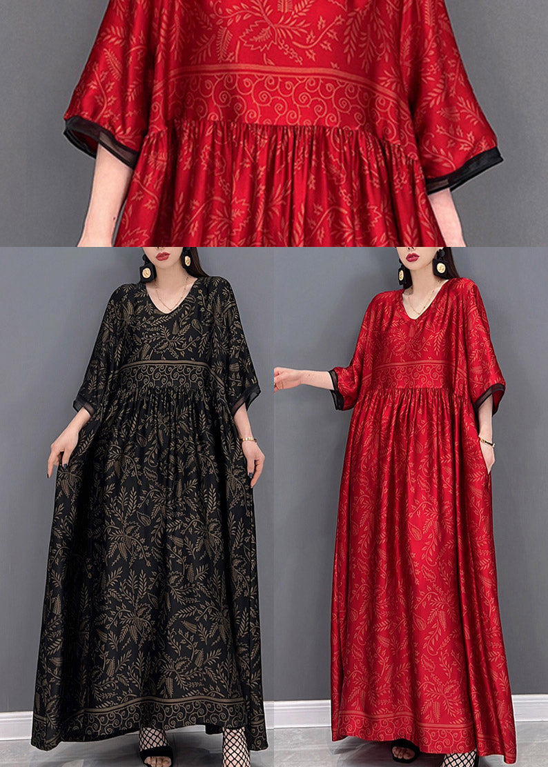 Black V Neck Print Silk Long Dress Short Sleeve